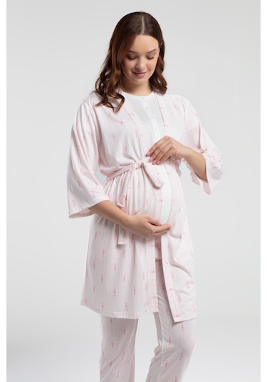 Arnetta 3266 Sabahlıklı 3 Lü Hamile Lohusa Pijama Takımı Beyaz V1