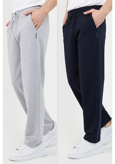 MMetalic Siyah-Antrasit Erkek Düz Paça Rahat Kesim 2'li Eşofman Altı Paketi Gri - Lacivert