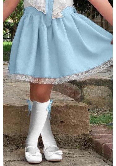 Riccotarz Kız Çocuk V Yaka Omuzları Ve Etek Ucu Dantel İşlemeli Mavi Elbise Mavi