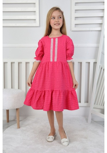 Gofre Kumaş Kız Çocuk Elbise Gri - Beyaz