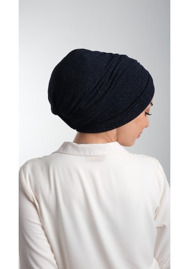 Lacivert Pratik Hazır Geçmeli Tesettür Bone Fukuro Simli Büzgülü 2116 02 Lacivert