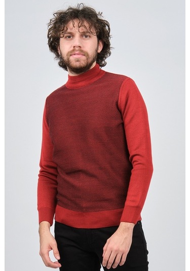 Çizgi Triko Erkek Yarım Balıkçı Yaka Desenli Kazak 42564229 Bordo Bordo