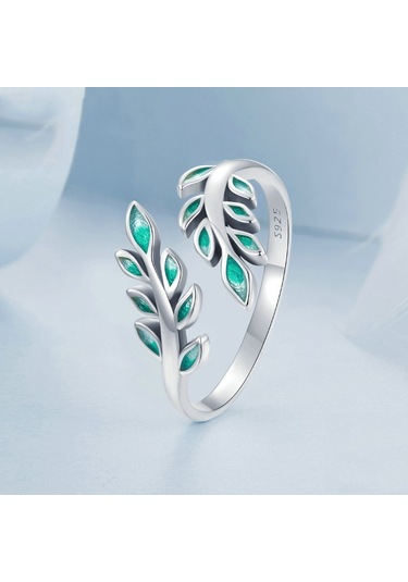 S925 Sterling Silver Green Leaf Open Adjustable Ring Bsr542-e Çok Renkli