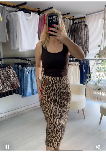 Leopar Tokalı Etek Kahverengi