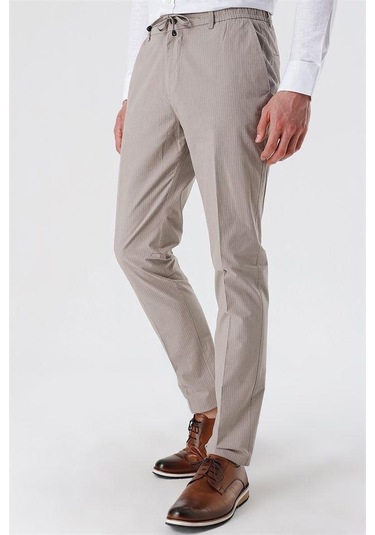 Koyu Bej Çizgili Armürlü % 100 Pamuk Yan Cep Slim Fit Dar Kesim Casual Pantolon 1003230159-koyu Bej Koyu Bej