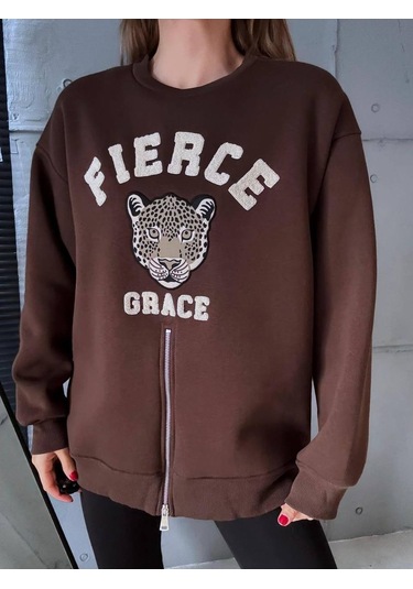 Fermuarlı Leopar Baskılı Oversize Siyah Sweat Kahve