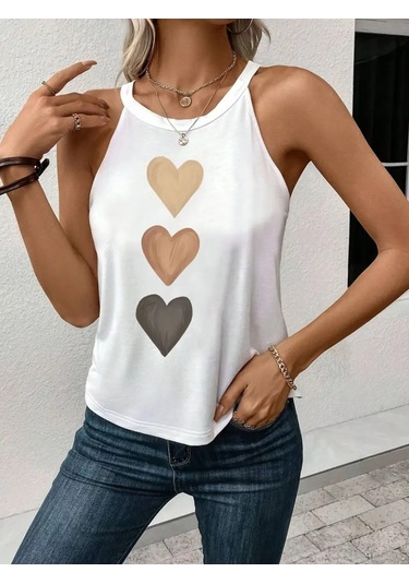 Simala Kadın Omuzlardan Açık Boyundan Askılı Kalp Baskılı Viskon Bluz Beyaz