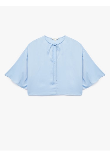 Koton Yuvarlak Bağlamalı Yaka 3/4 Yarasa Kol Oversize Bluz Mavi 5sak60224pw