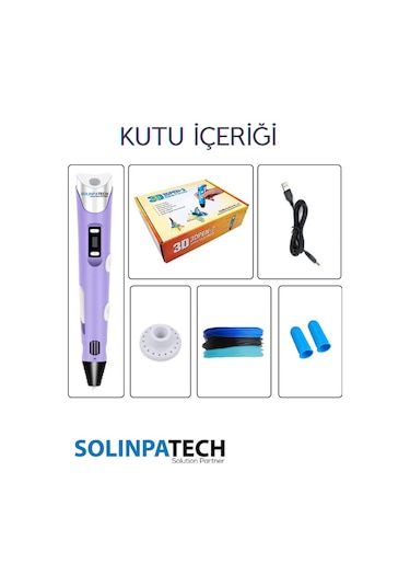 Mor 3D Kalem 3D Pen 3 Boyutlu Yazıcı Kalem 3 Renk 9 Metre Filament + USB KABLO