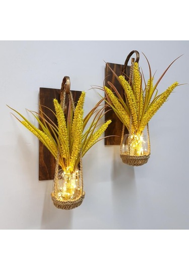 Duvar Dekoru, Led Işıklı, Sarı Cipso Çiçekli, Ceviz Aplik İkili Set