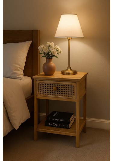 Rattan Kapaklı Bambu Yatak Başı Komodin 40 35 60 Cm Bej