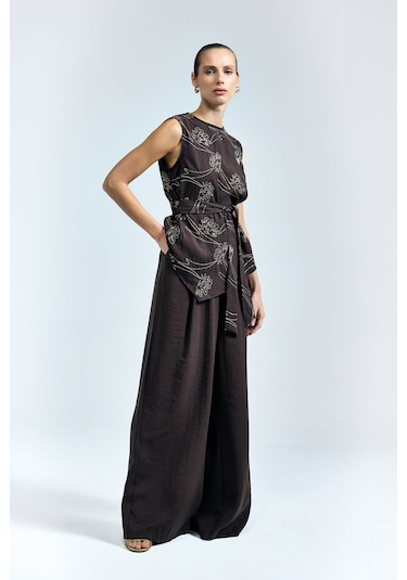 Sateen Dina Pantolon - Koyu Kahve-137349 Koyu Kahverengi