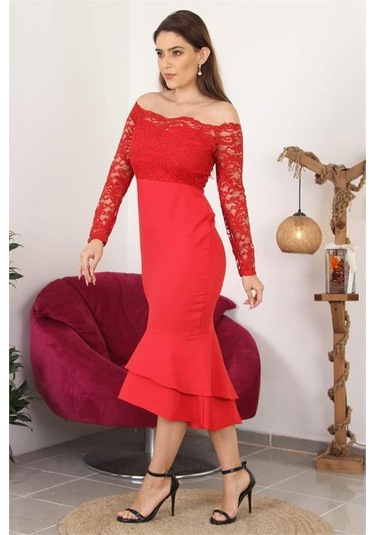 Dipmoda Kadın Yeni Sezon Eteği Kat Kat Dantel Detaylı Midi Abiye Elbise Swll03 Kırmızı