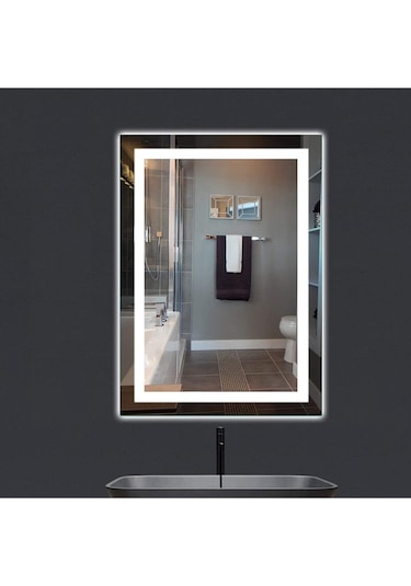 Nuun Dekor 70x50 Beyaz Ledli Kumlamalı Banyo Lavabo Ofis Makyaj Kuaför Aynası -trafolu Beyaz