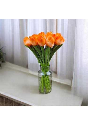 Yapay Çiçek Islak Lale Turuncu Renk 10 ' Lu Dizayn Premium Turuncu