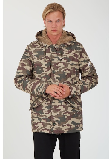 Sposo 1738 Su Itici Kumaş , Kapşonlu Kahveli Kamuflaj Erkek Kaban Yeşil - Kahverengi