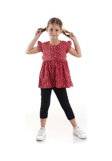 Ahengim Kız Çocuk Takım Vizkon Baskılı Taytlı Alt Üst Takım Pamuklu Ak2522 Kırmızı