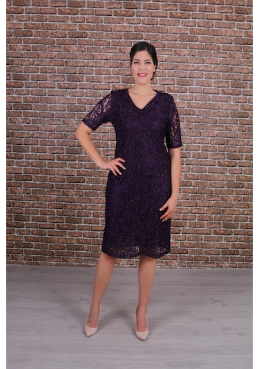Nidya Moda Büyük Beden Kadın Mürdüm Dantel Elbise-4161M Mürdüm