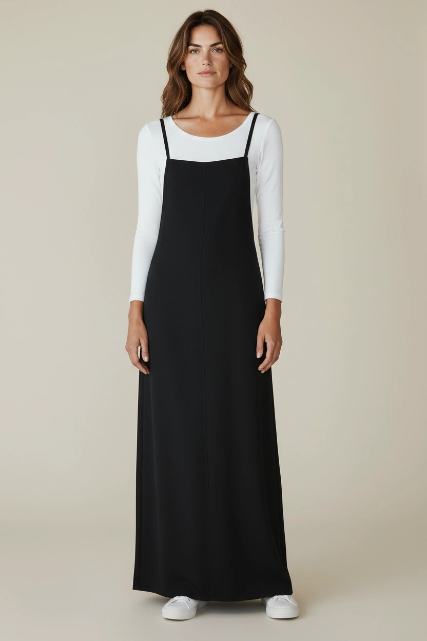 Kadın Ayarlanabilir İp Askılı Dabıl Kumaş Elbise Siyah