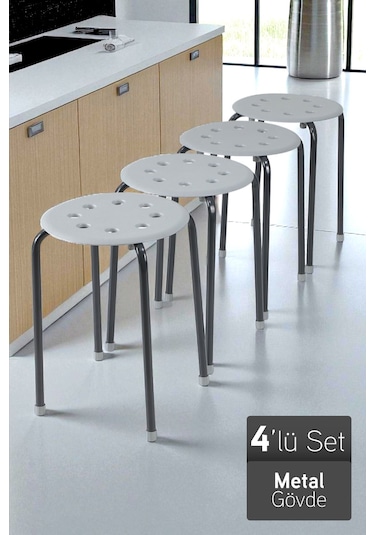İronika Otto Metal Gövdeli Modern Tabure Mutfak Bahçe Taburesi - 4 Adet Gri Gri