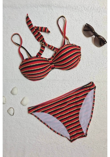 Dagi Straplez Destekli Push-Up Çizgili Kırmızı Bikini Takımı