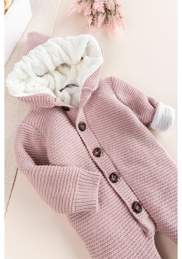 Triko Örme Welsoft Astarlı Kapüşonlu Kışlık Bebek Tulum gül kurusu