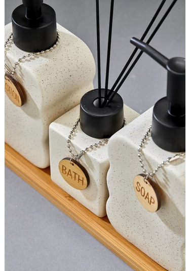 Cooker 3'lü 300 Ml Seramik Bambu Standlı Banyo Seti Ckr3883 Bej
