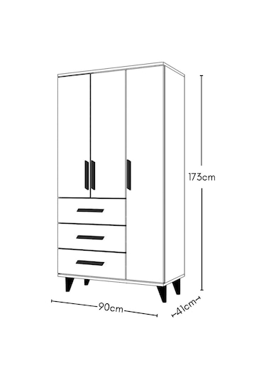 Gm 303-a Ece 3 Kapı 3 Çekmeceli Ayaklı Siyah Kulplu Gardırop