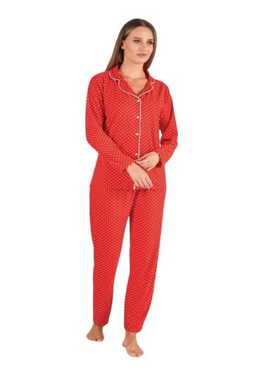 Estiva Puantiye Desen Boydan Düğmeli Süet Bayan Pijama Takım 001