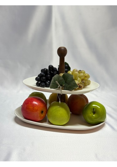 Aless 2 Katlı Asimetrik Tasarım Ahşap Kulplu Sunumluk Meyvelik Çe