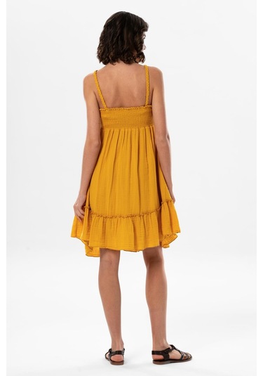 Alanya Boyundan Bağlamalı Kısa Yazlık Müslin Elbise Hardal Hrd-hardal