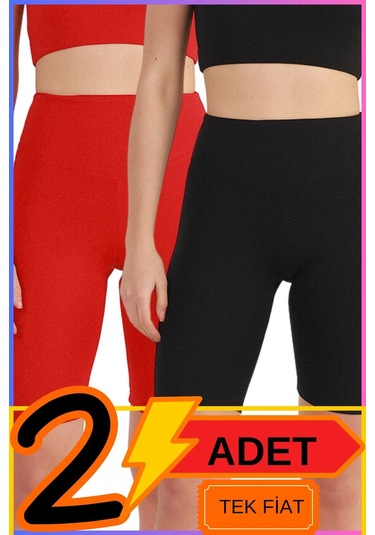 Kadın Yüksek Bel Toparlayıcı Şort Tayt Siyah & Kırmızı 2'li Paket Lycralı Biker Shorts 21071 Siyah - Kırmızı
