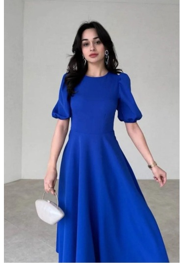 Kadın Kısa Balon Kollu Bisiklet Yaka Geniş Kesim Janjan Krep Elbise Saks Mavi
