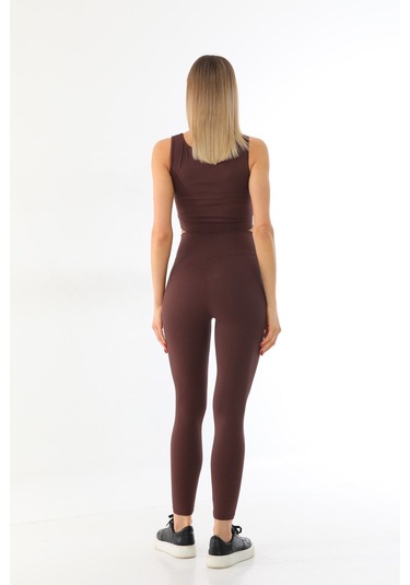 Kallima Kahverengi Toparlayıcı Yüksek Bel Fitilli Tayt-crop Takım Kahverengi