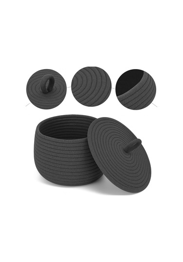 Mutfak, Banyo Ve Ev İçin Halat Hasır Sepet 17x21 Cm Kapaklı Saklama Sepeti Honeypot Antrasit