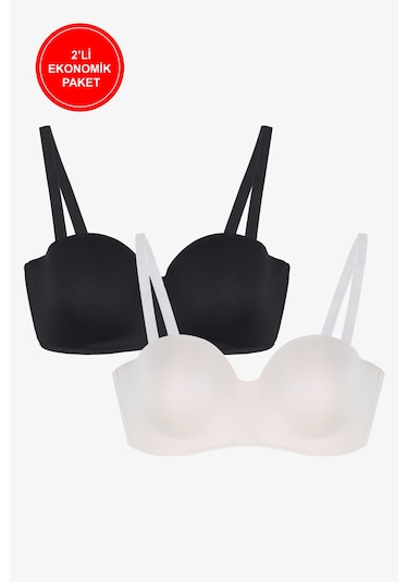 2'li Paket - Kadın Dolgusuz Mikro Straplez Sütyen Siyah - Ekru