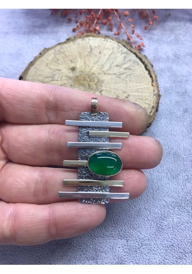 Nsa Gümüş Yeşil Akik Taşlı 925 Ayar Doğal El İşi Gümüş Set