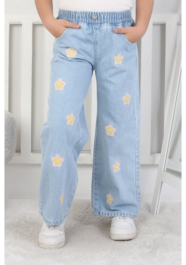 Moonch Kız Çocuk Çiçek Nakışlı Geniş Paça Jean Pantolon Mavi