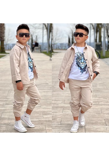 Modavals Gabardin Gömlek Kargo Cep Pantolon Ve Kaplan Baskılı Tshırt 3 Parça Erkek Çocuk Takım Krem