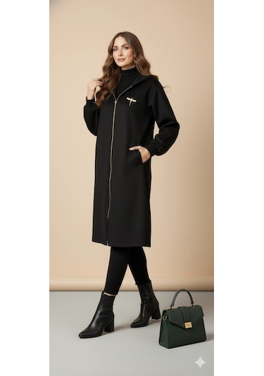 Kadın Gri Kapüşonlu Balon Kol Fermuarlı Kaban Oversize Midi Boy Kışlık Kaşe Mont Siyah