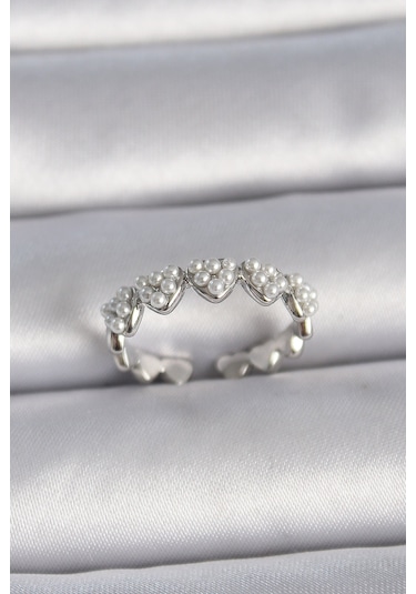 Gümüş Renk Ayarlanabilir İncili Kalp Model Kadın Yüzük - Ebj261410w29270 Bakır