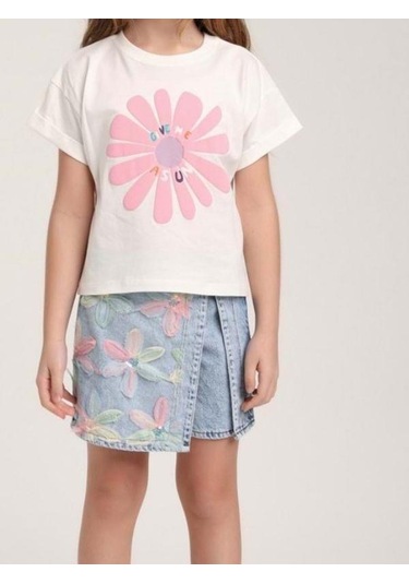 Kız Çocuk Çiçek İşlemeli Tasarım Şort Etek-15579 Mavi