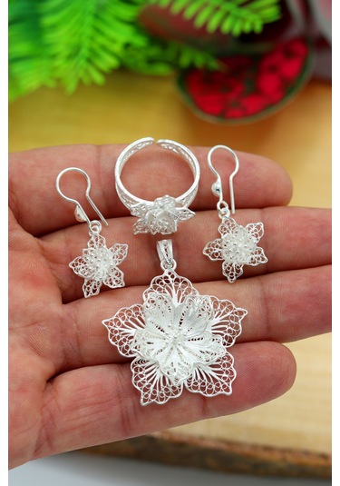 Midyat Nurtaş Gümüş Çiçek Model Kadın 925 Ayar Gümüş Telkari Üçlü Set 201022186