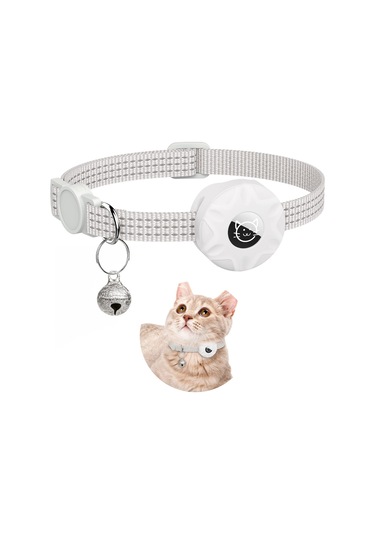 Geeroyoo Kedi İzleyici Airtag Kordonu Silikon Kılıf, Yansıtıcı Işıklı, Güvenli Kilitli, Ayarlanabilir Nylon Tasarım Beyaz