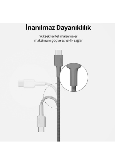 Aukey Cb-cd45-wh Pd Naylon Örgülü Type-c Type-c Şarj Kablosu 0.9m