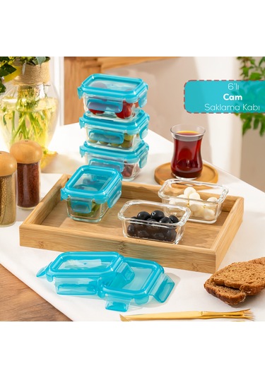 Porsima 4376 6lı Sızdırmaz Kilit Kapaklı Yiyecek Erzak Saklama Kabı Seti - Cam Saklama Kabı - 150ml Mavi Mavi