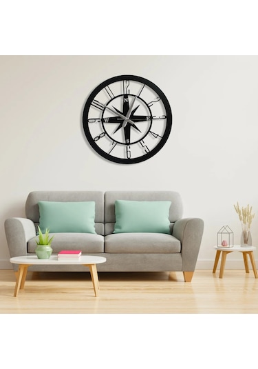 Pusula Temalı Şık Dekoratif Duvar Saati Siyah Metal 40 Cm Siyah