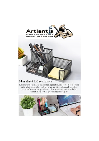Masaüstü Metal Kalemlik Seti 3 Lü Kombo 1 Paket Fileli Perfore Siyah Kalemlik Ataşlık Kağıtlık Küpnotluk Düzenleyici Siyah