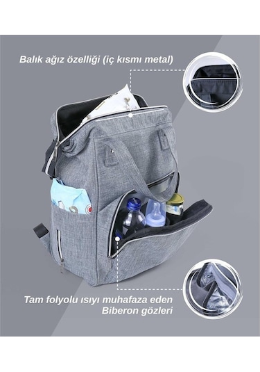 Tommybaby Anne Bebek Bakım Sırt Çantası Biberon Termoslu Sıvı Geçirmez Bebek Çantası Gri