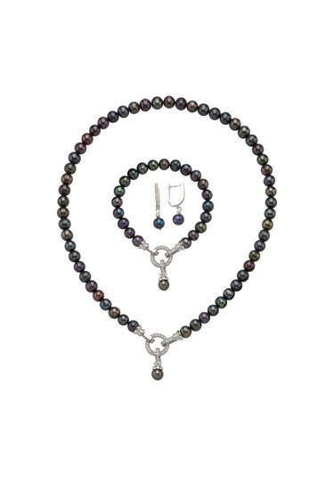 8,5 Mm Zirkon Taşlı Halka Kilitli Doğal İnci Küpe Kolye Bileklik Üçlü Set 40 Cm / Beyaz Gümüş